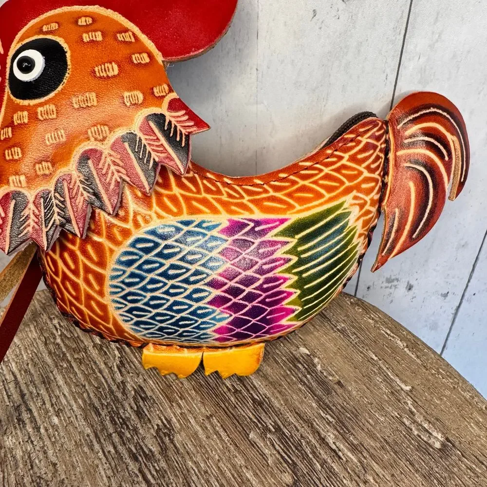 Genuine Leather Rooster Coin Purse Wristlet Chicken Hand Painted Leather